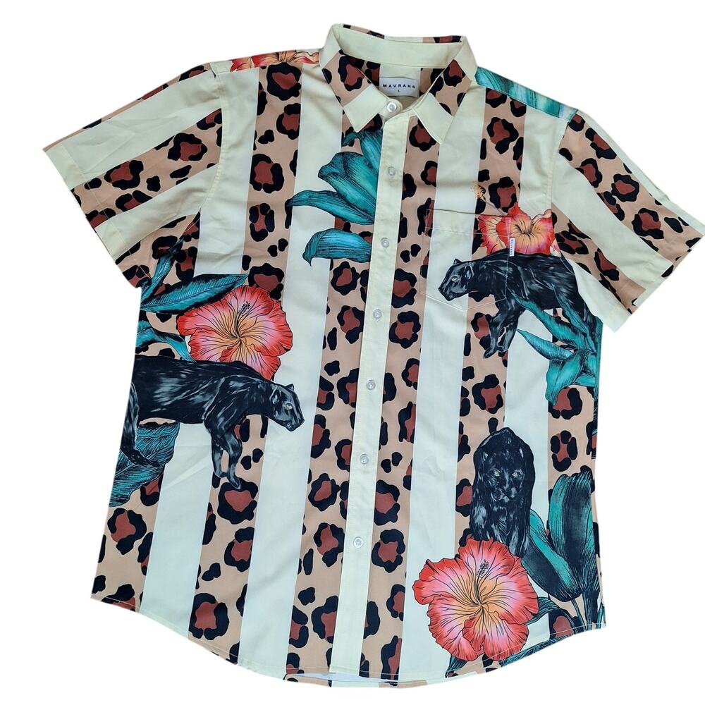 MAVRANS Leo Pantera Weekend Shirt Mens L Black Panther Leopard Floral Button-Up